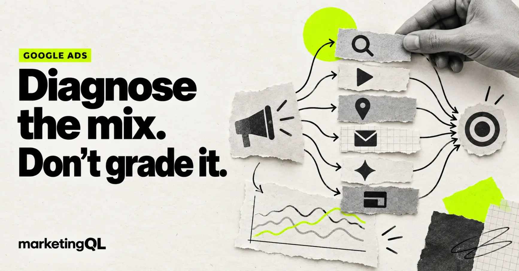 Editorial collage showing Performance Max inventory paths feeding one shared conversion goal