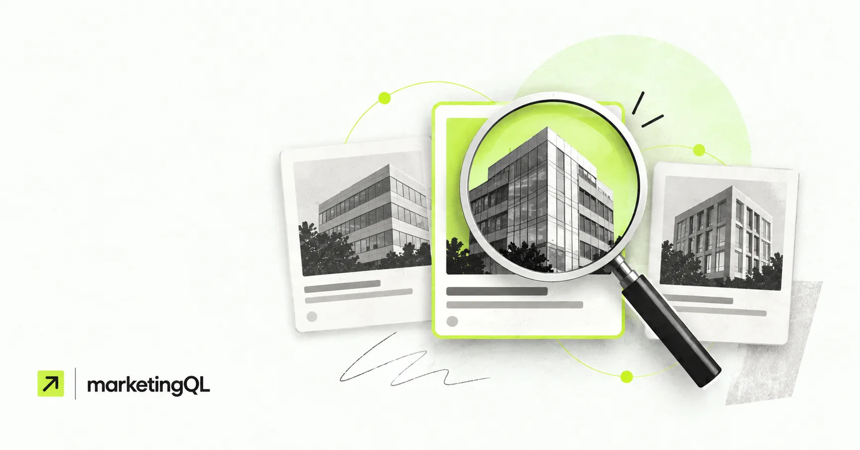 Grayscale company buildings examined through a magnifying glass with lime accents.