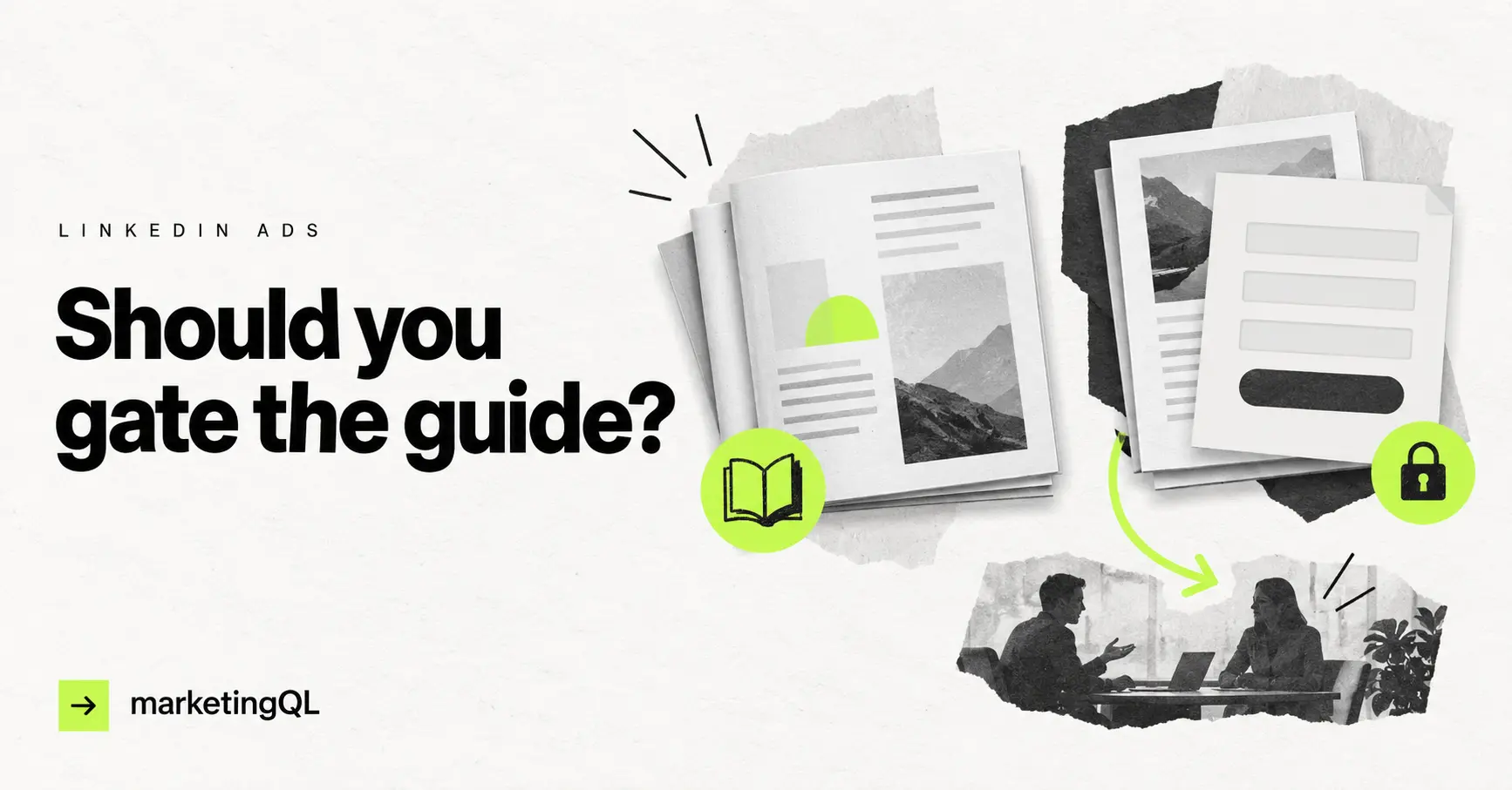 Editorial collage of an open guide and a guide behind a form