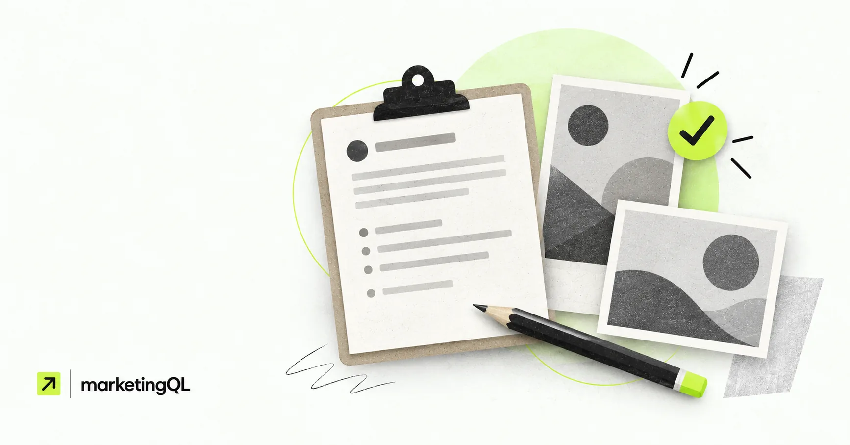 Editorial collage of a creative brief, pencil, and two design artboards with lime accents.