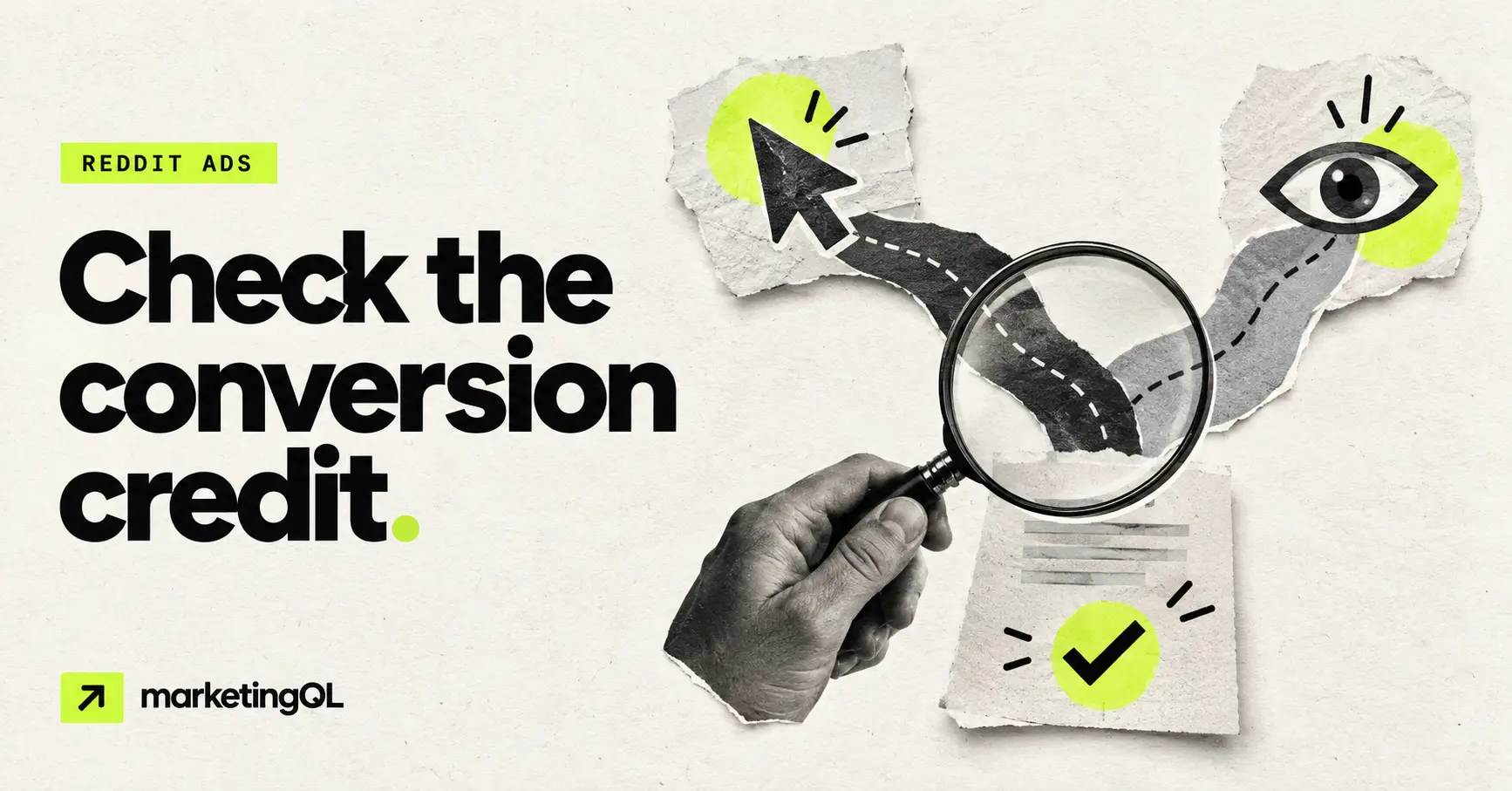 Editorial collage of click and view paths examined with a magnifying glass