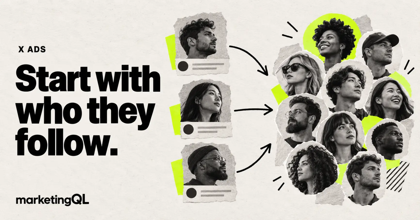 Editorial collage showing selected account profiles expanding into a related audience